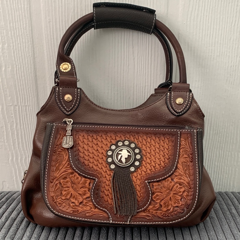 Montana Silversmiths Western Brown and Tan Embossed Shoulder Bag